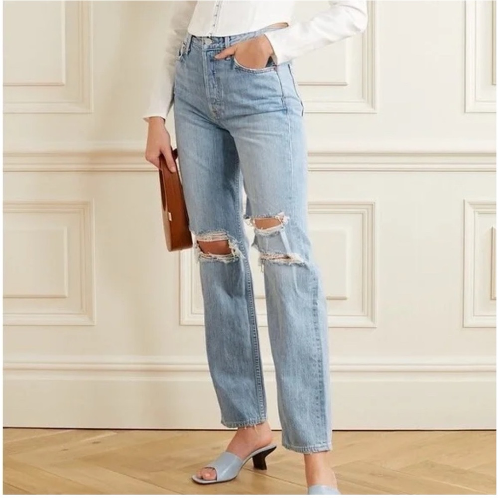GRLFRND wish you would MICA high waisted distressed straight leg BLUE JEANS - Picture 3 of 15